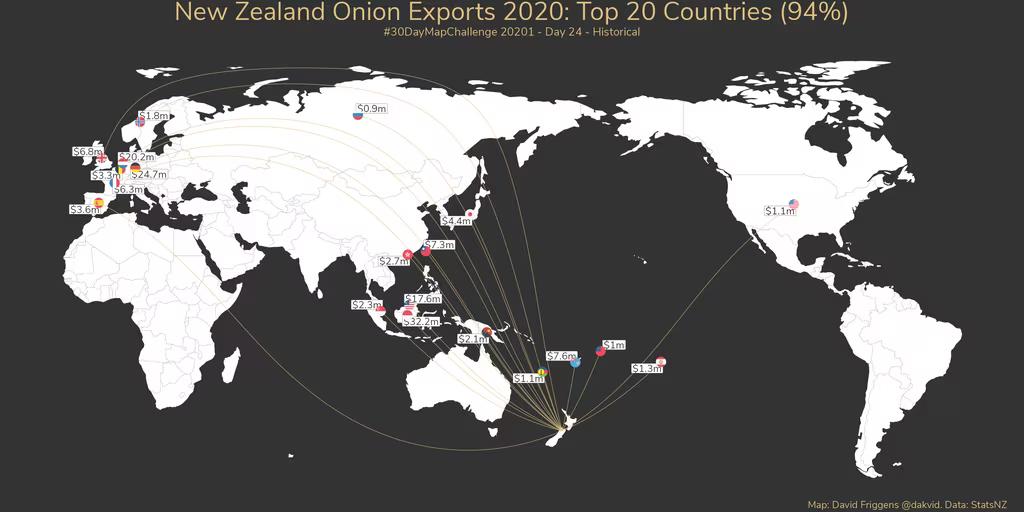Map of New Zealand Onion Exports 2020: Top 20 Countries