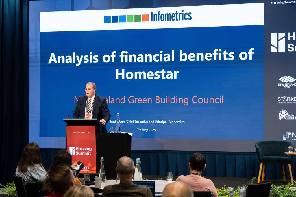 Brad Olsen presenting at the NZ Green Building Housing Summit 2025