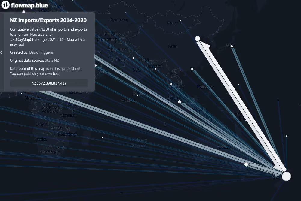 Screenshot of interactive map: NZ Imports/Exports 2016-2020