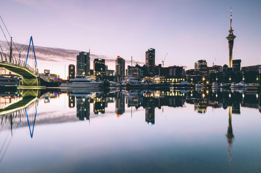 Photo of Auckland skyline with reflection on the harbour