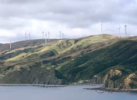 Wind turbines on Makara Beach, Wellington, New Zealand