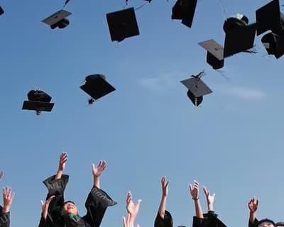 Newly Graduated People Wearing Black Academy Gowns Throwing Hats Up in the Air - cropped